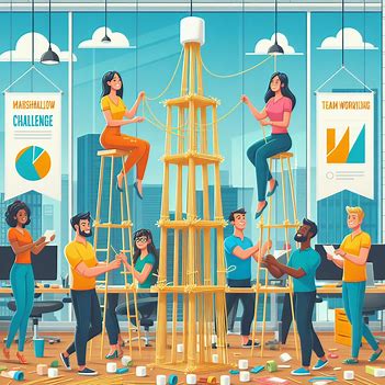An office scene with four teams of three people each, wearing colorful shirts and smiling, building different towers with spaghetti sticks, tape, and string. One team has a tall and straight tower, another has a curved and wobbly tower, another has a pyramid-shaped tower, and another has a tower that looks like a rocket. Each tower has a marshmallow on top. There are banners on the walls that say 'The Marshmallow Challenge' and 'Teamwork makes the dream work'. The image has a bright and cheerful style.. Image 3 of 4