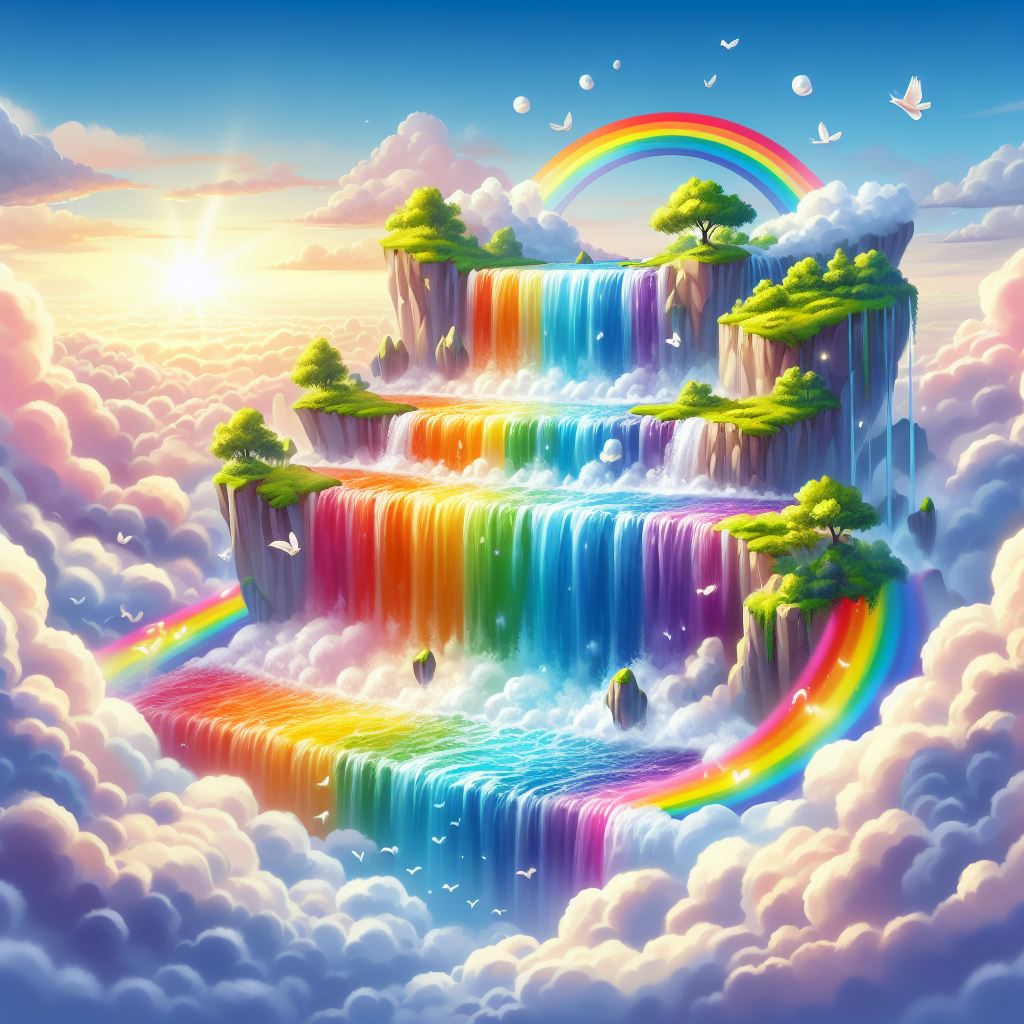 A cascading waterfall that flows in all colors of the rainbow, surrounded by clouds and floating islands