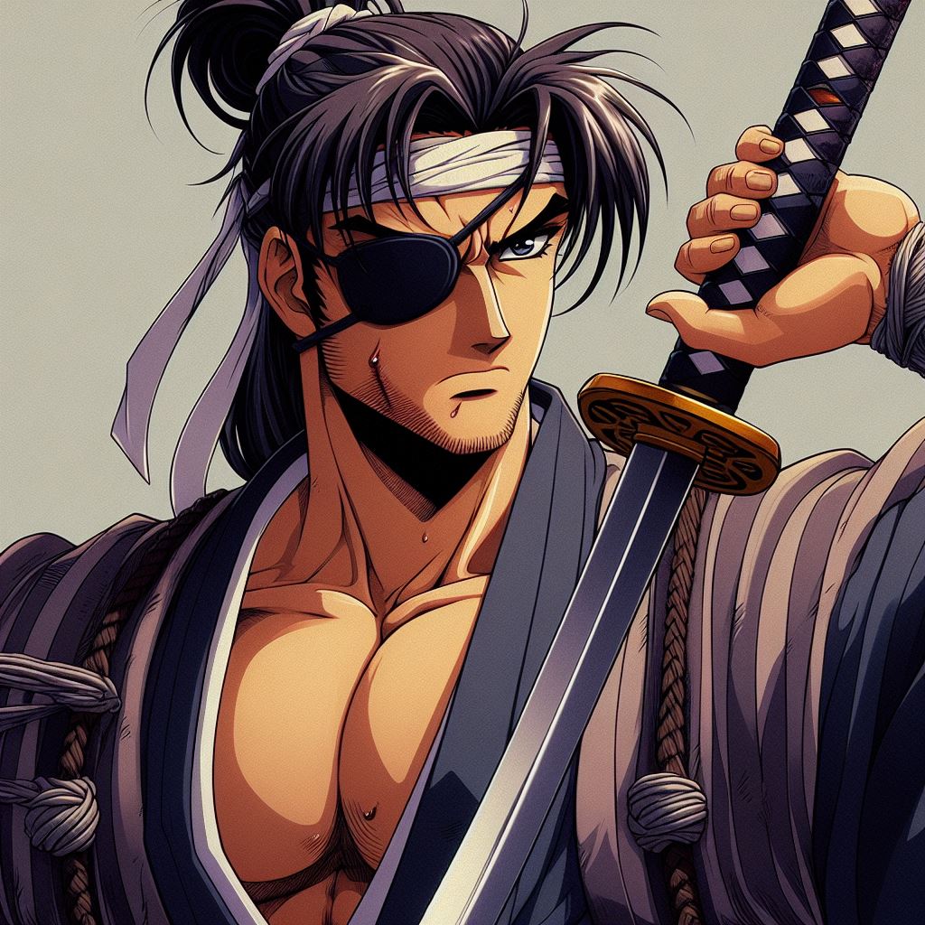 Samurai with an eyepatch holding onto a katana, 90's anime still