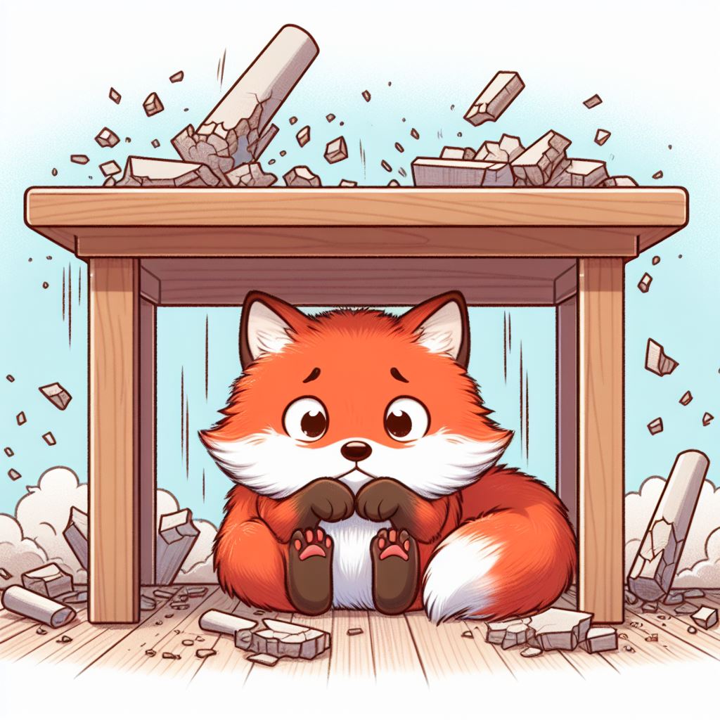a cartoon fox hiding under a table while a earthquake is happening. The fox protects his head with his arms. Debris fall on the table.