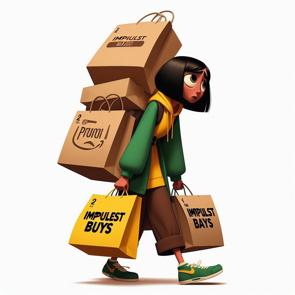 A kewana pixar instagram model character struggling to carry multiple shopping bags labeled ‘impulse buys’ wearing green, yellow, tan, black
