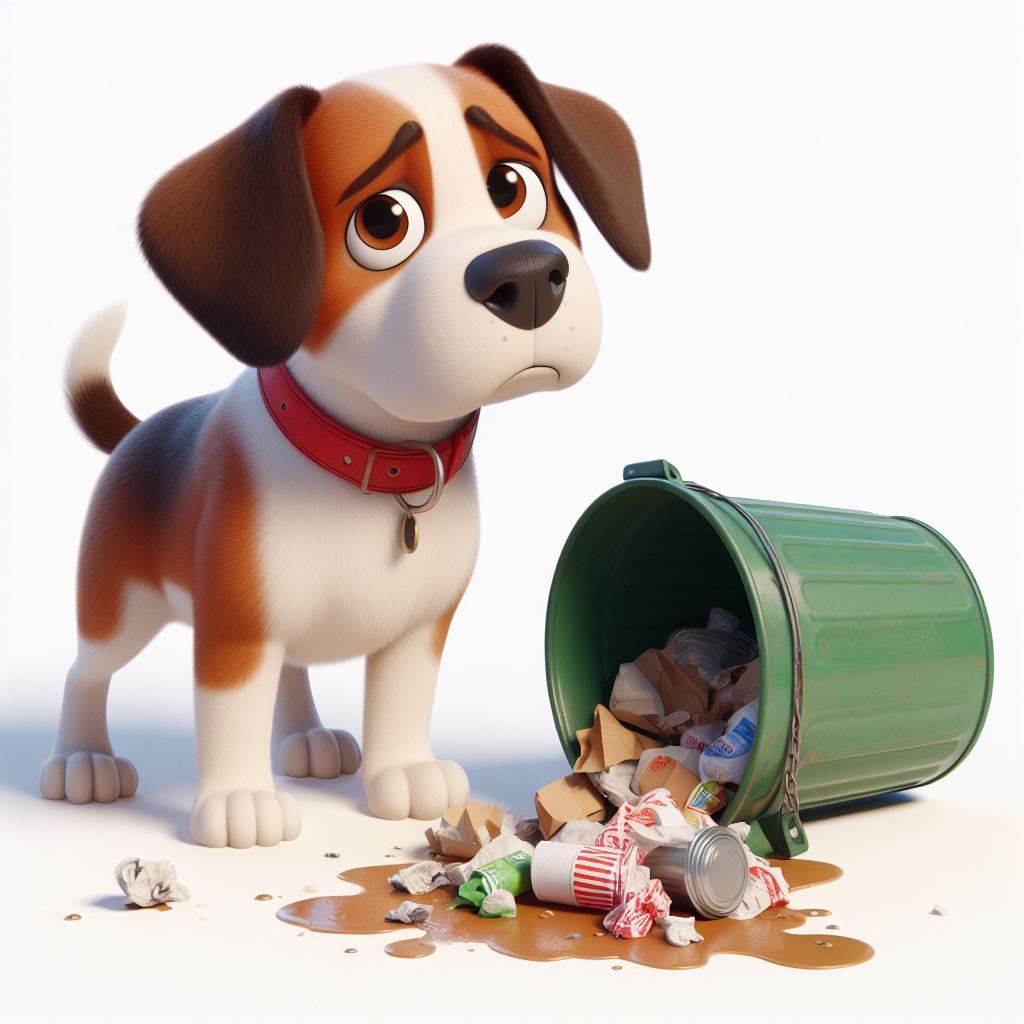 Um cão com ar culpado por algo que tenha acabado de fazer, em estilo Pixar