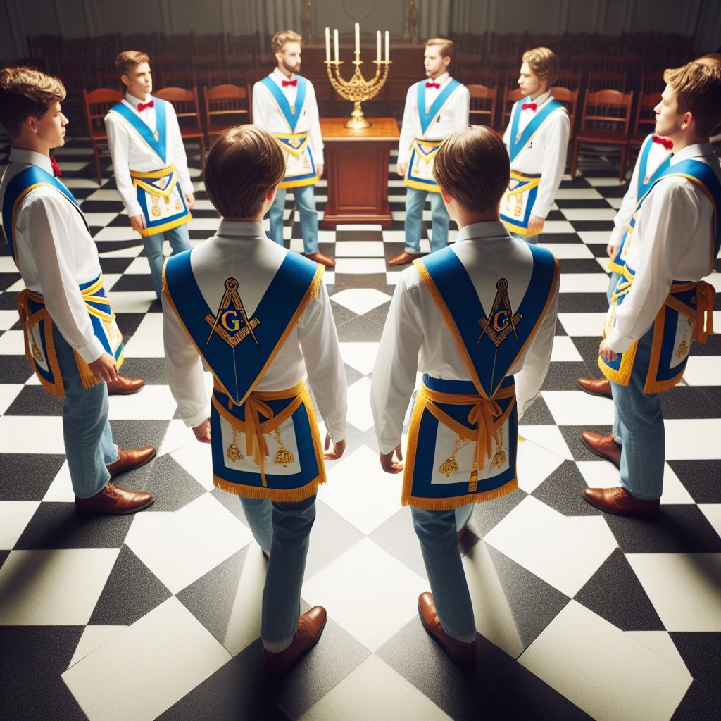 jóvenes masones con mandiles masónicos, caminando alrededor de un punto sobre  un piso ajedrezado 