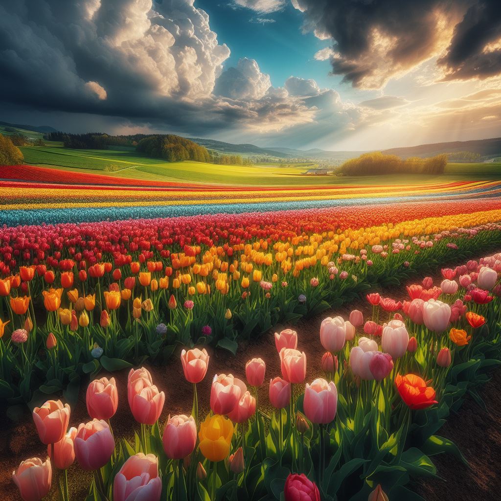 A field of tulips in different colors under a blue sky