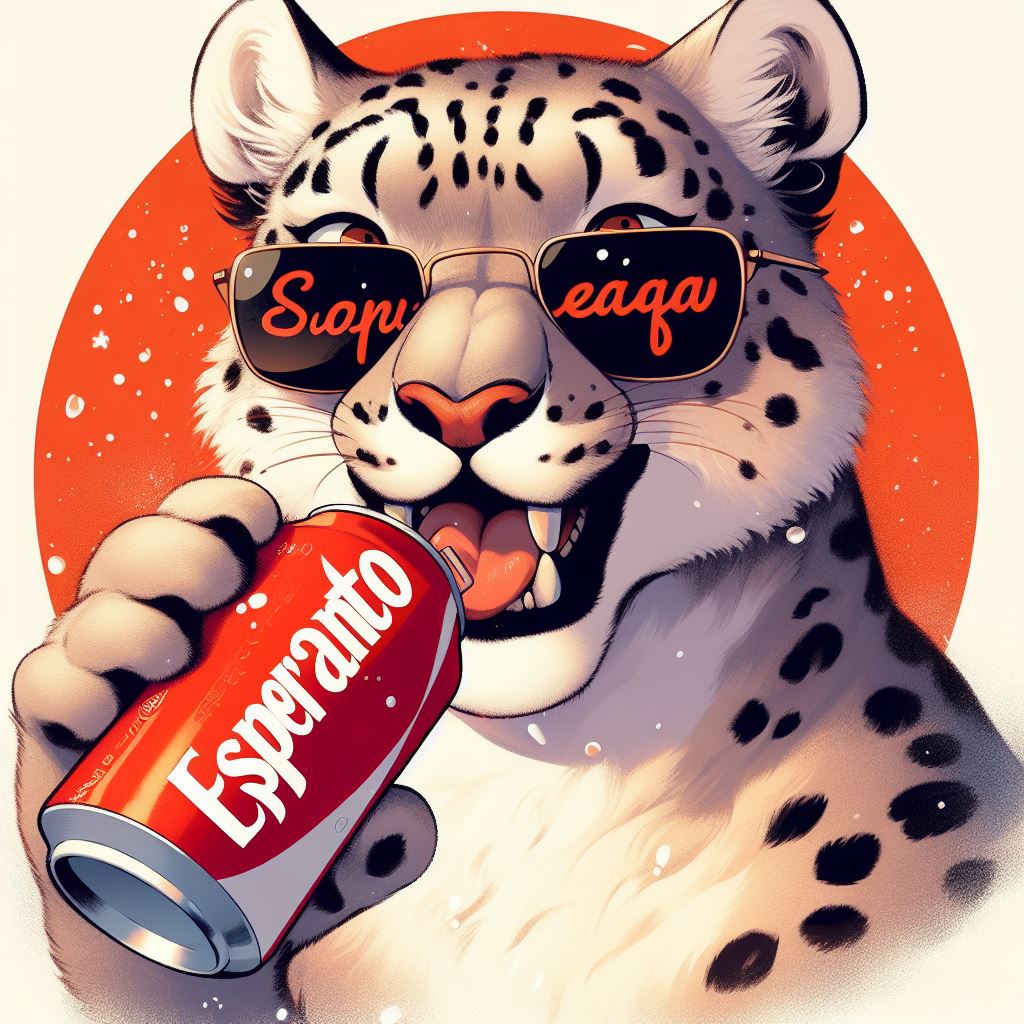 A snow leopard drinking coca-cola (but with Esperanto written on it instead) and wearing sunglasses, furry artstyle.