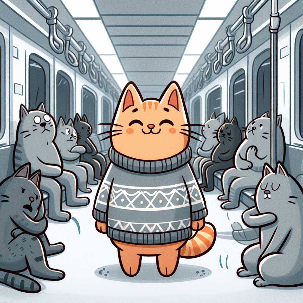 a cartoon cat in a sweater in the middle of a metro, every cat around is gray, tired or sad, the main character (the cartoon cat in a sweeter) seems happy