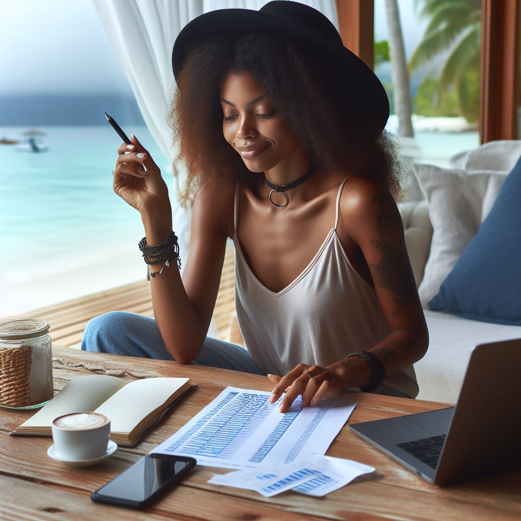 a left-handed Jamaican woman finding a sublist in a list at a beach-front home-office