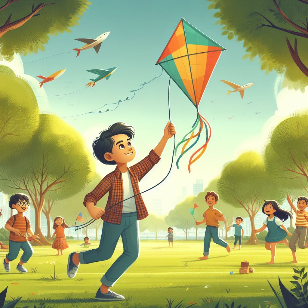 A child flying a kite in a park with other kids playing in the background