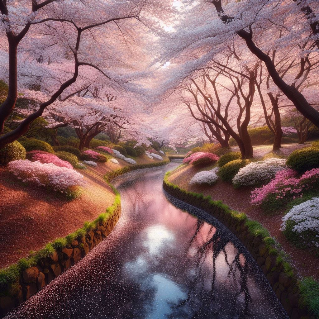 A serene cherry blossom park in full bloom with petals gently falling into a meandering stream.