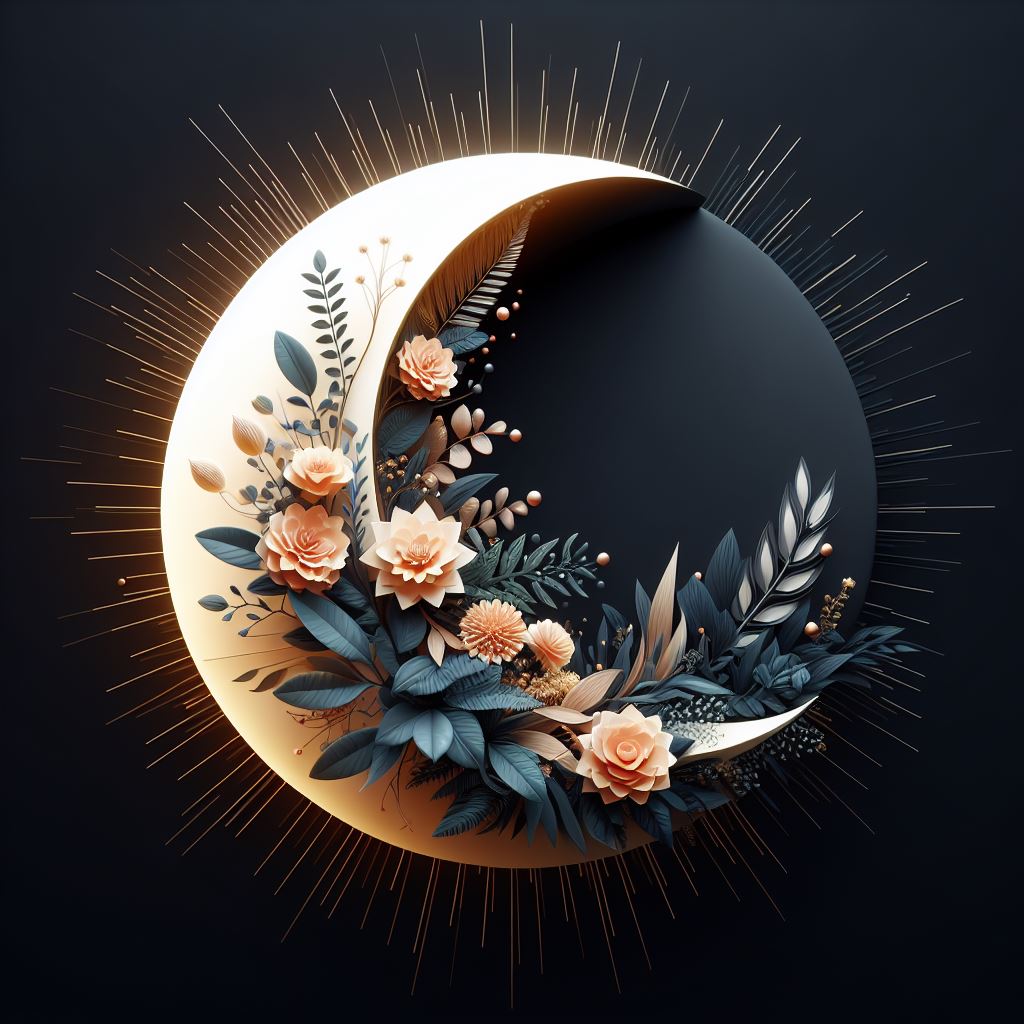 abstract 3D shape half sun half moon, foliage and flowers incorporated, light emitting, black background