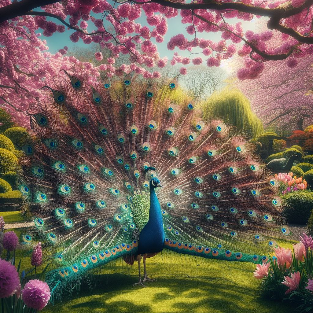 A majestic peacock displaying its colorful feathers in a lush, springtime botanical garden