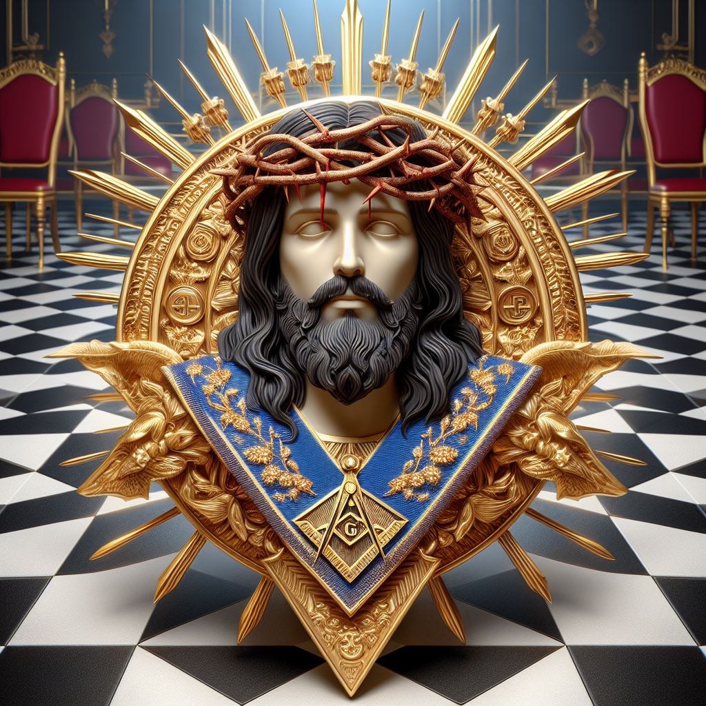 Bello Cristo corona de espinas ,  con mandil masónico y collarin masónico, en una Logia Masónica  . imagen realista a todo color  , sobre piso ajedrezado  