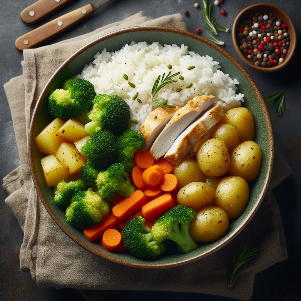vařená rýže a brambory a brokolice a mrkev a kuřecí maso v misce