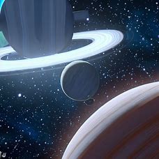 Describe a planet with a ring system and its moons in the foreground of a star-studded background.