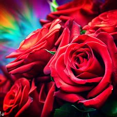 A bouquet of gorgeous red roses with a vibrant splash of colors in the background.