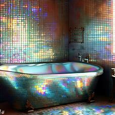 Picture a bath with iridescent tiles and a plush bathtub.