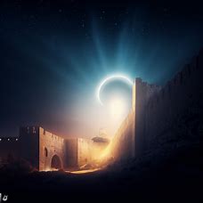 The walls of Jerusalem lit up in the night sky, with a bright crescent moon shining down upon the city, casting an ethereal glow.