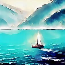 Create an elegant and whimsical illustration of a boat sailing in the crystal blue waters of Lake Como in Italy