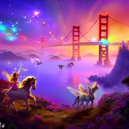 Create an image of the Golden Gate Bridge being visited by fairies and unicorns.