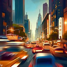 Illustrate the bustling energy of a classic New York City street scene with bustling traffic, bright lights and iconic landmarks.