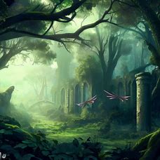 Create a medieval forest with beautiful dragonflies, ancient ruins and dense greenery