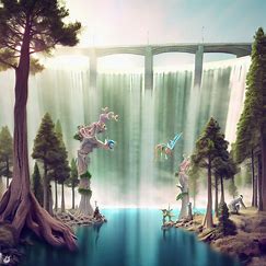 Create a surreal and magical version of Hoover Dam surrounded by towering trees and whimsical creatures.