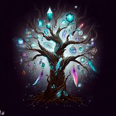 An enchanted tree with a mystical aura, made of an assortment of png elements such as feathers and diamonds.