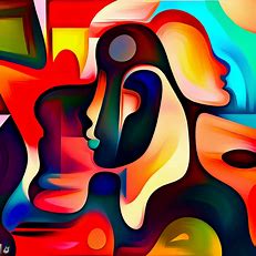 Create an abstract illustration of the impact of World War II on humanity, using vibrant colors and bold shapes.