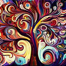 An abstract, vibrant png tree composed of swirling patterns and shapes.