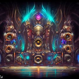 Draw a surreal and futuristic sound system, made up of grand, ornate speakers that light up with vivid colors.. Image 2 of 4