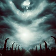 Create a surreal and haunting image of a concentration camp from the perspective of a prisoner gazing at the sky.