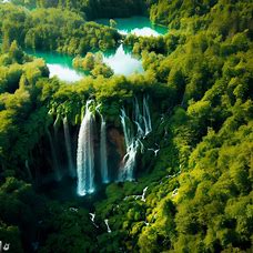 A beautiful aerial view of Plitvice Lakes National Park, with a waterfall surrounded by lush green forests.