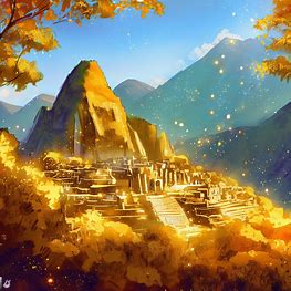 Draw Machu Picchu in a world where it is surrounded by glittering gold leaves in the autumn.