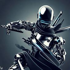Create a futuristic ninja robot, with sleek silver design and weapons.