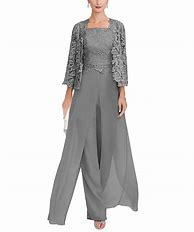 Image result for Pantsuit %2F Jumpsuit Mother Of The Bride Dress Wrap Included V Neck Ankle Length Chiffon Lace 3%2F4 Length Sleeve With Crystal Brooch 2022 Ocean Blue US