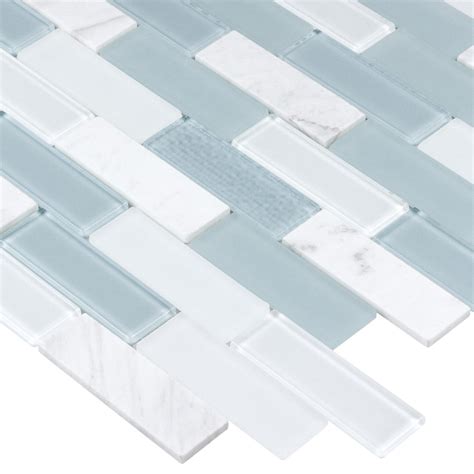 MTO0309 Modern Linear Blue White Glossy Glass Stone Mosaic Tile