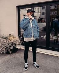 Image result for Jean Jacket Over Hoodie and Hat Men