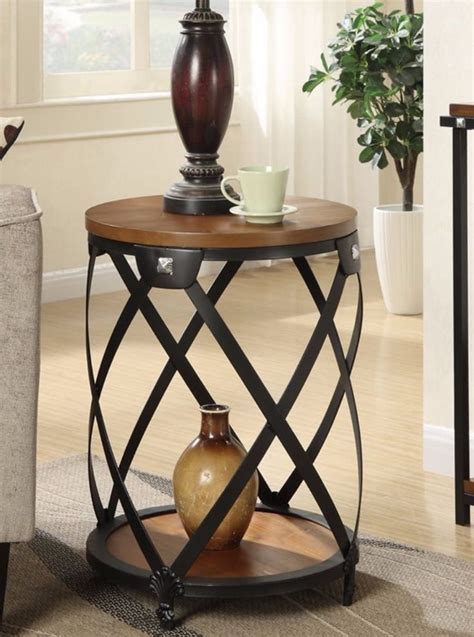 Convenience Rustic Nordic Black Metal Walnut Wood Round End Table Home  
