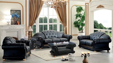 Apolo Black Italian Top Grain Leather Luxurious Living Room Sofa Set