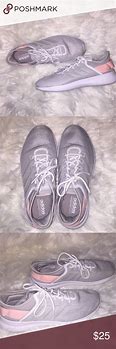 Image result for Adidas Gray with Peach Stripe Shoes