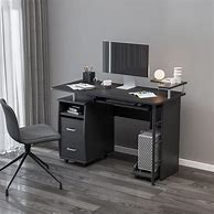 Image result for Black Computer Desk with Drawers and Shelves
