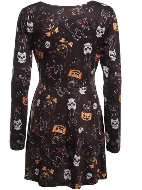 Sexy Vampire Cat Print Long Sleeve Halloween Dress For Sale  
