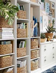 Image result for Items to Fill Decorative Basket On Bookcase