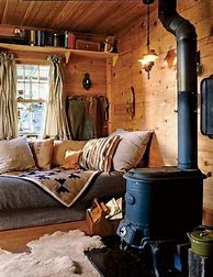 Image result for Interiors Small Cabin Wood Stove