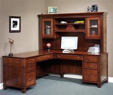 Image result for L-shaped Executive Desk with Power Outlet and Hutch