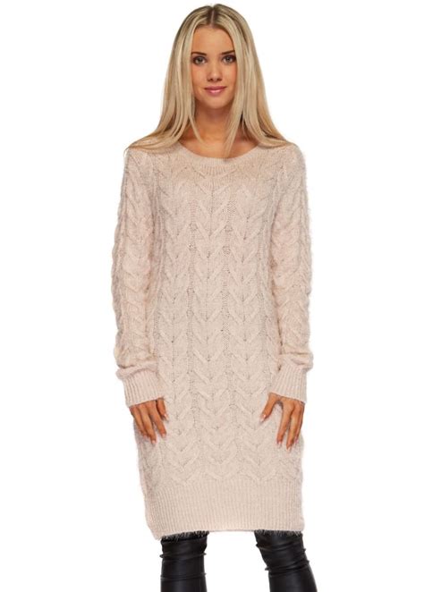 Baby Pink Cable Knit Jumper Dress   Pink Oversized Slouch Jumper