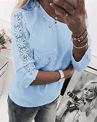 Image result for Women's Blouse Eyelet Top Solid Colored V Neck Daily Lace Long Sleeve Tops White L