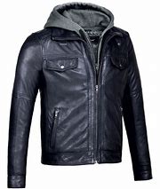 Image result for Black Leather Jacket Hood Zip Collar