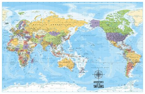 Personalised Australia Centric World Travel Map with Push Pins Art