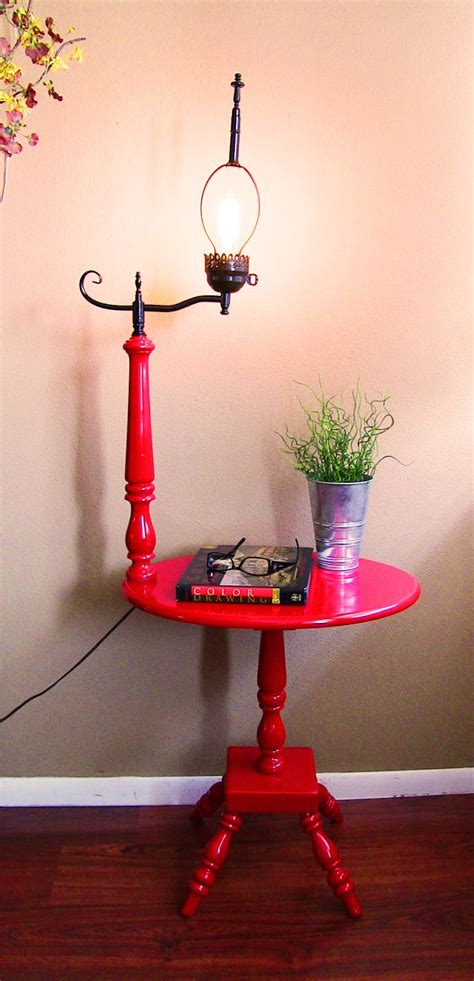 Apple Red and Black Vintage side table with Lamp attached   Tweaked Designs